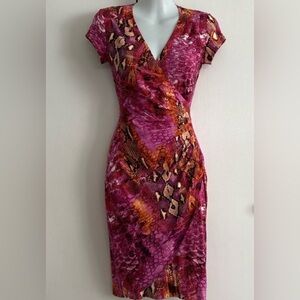 Cache Y2K Snake Print Ruched Faux Wrap V-Neck Sheath Dress XL